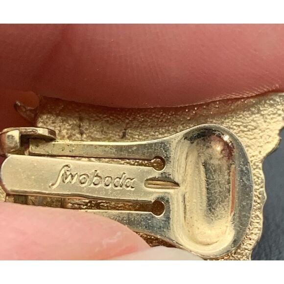 Vintage Rare Swoboda Clip On Earrings Gold Tone Signed - Picture 4 of 5